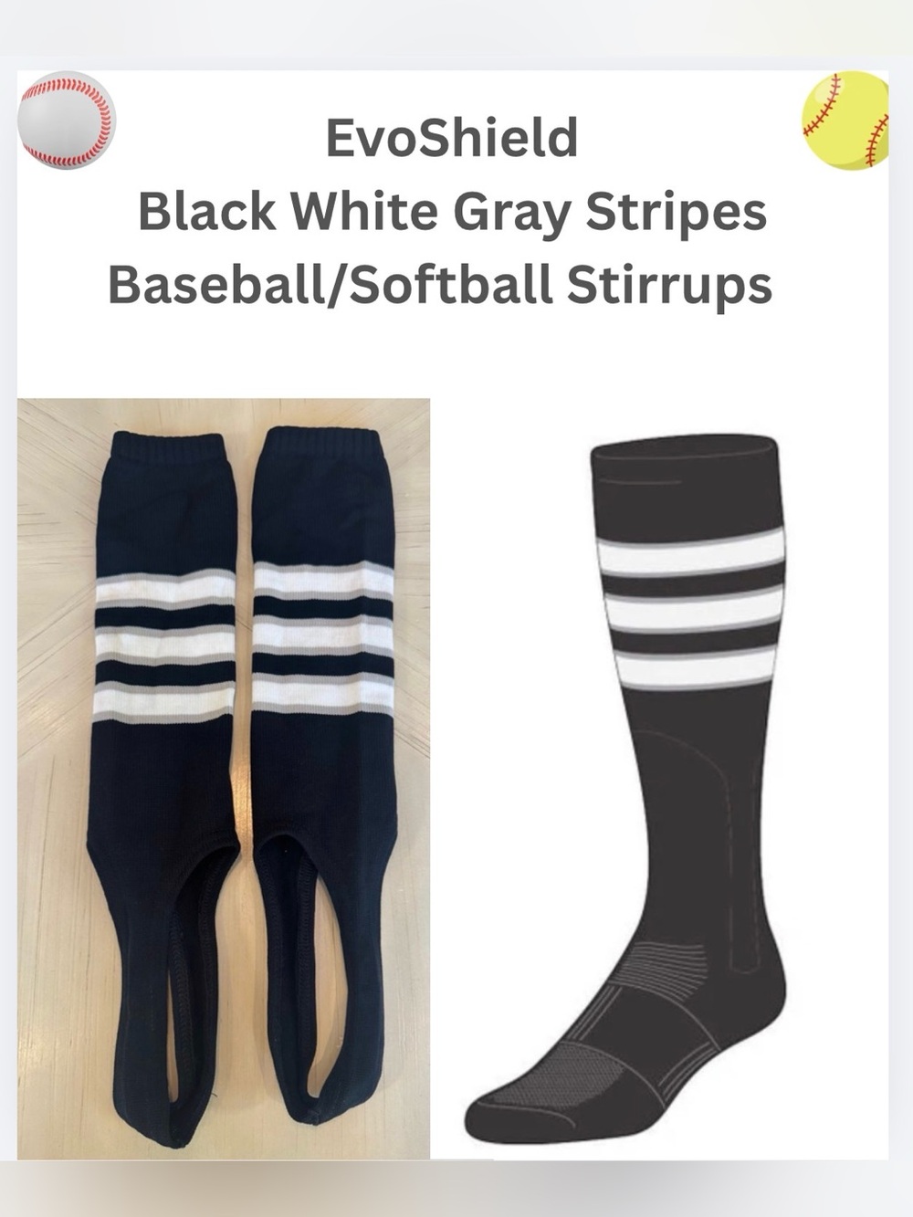 EvoShield Baseball Softball Stirrups Black White Gray Stripes - Adult New